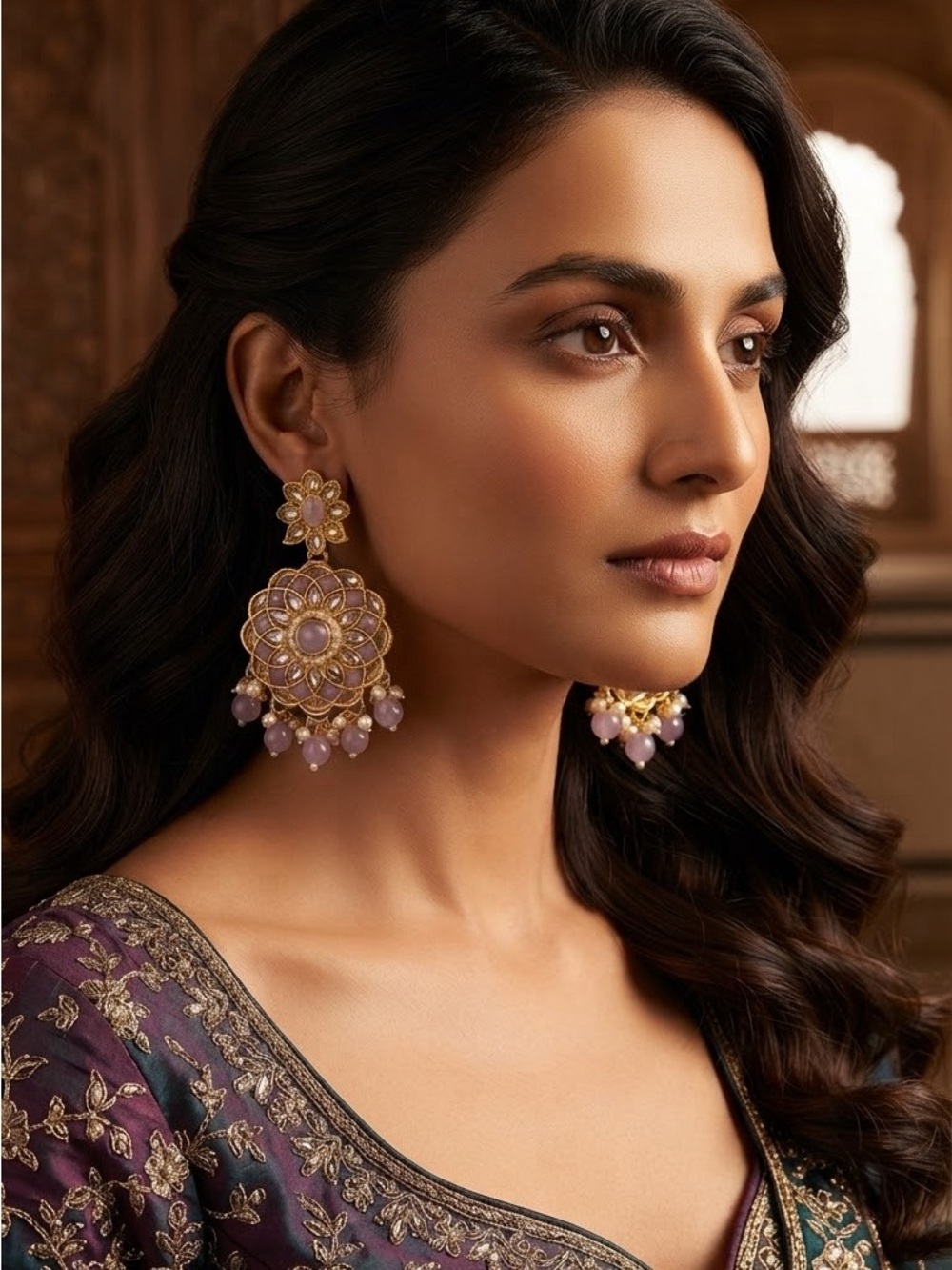 Gold and Lavender Floral Drop Earrings - Women Jewelry